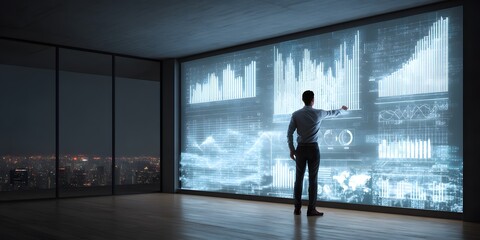 Fototapeta premium Businessman Interacting with Large Digital Data Visualization in Modern Office