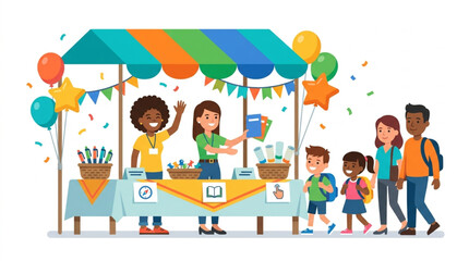 Fototapeta premium School Orientation Welcome Booth with Friendly Staff and New Students Flat Vector Illustration