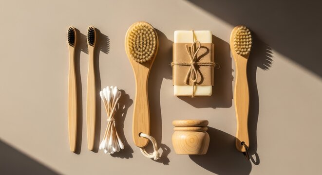 Zero waste bathroom accessories, bamboo toothbrushes, wooden brushes, soap bar and cotton swabs on a beige background
