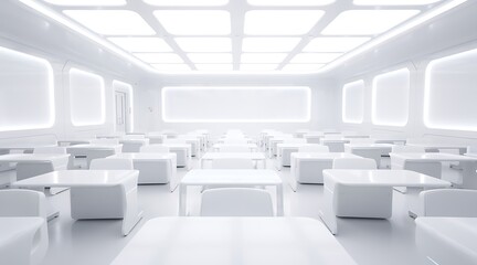 Fototapeta premium Futuristic White Classroom with Rows of Desks and Large Screen.