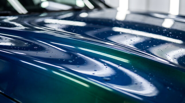 Close up of wet metallic blue car paint surface with water droplets after coating or washing