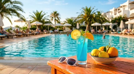 Obraz premium Refreshing blue cocktail with citrus fruits and sunglasses by a sunny resort pool