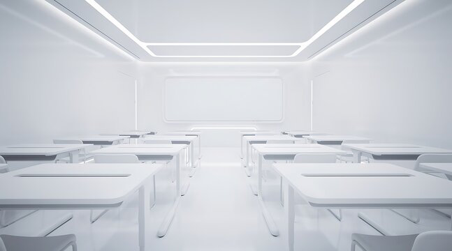 Modern White Classroom with Rows of Desks and Bright Lighting.