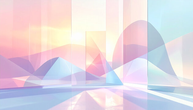 Abstract Pastel Geometric Landscape with Futuristic Glass Shapes and Soft Light