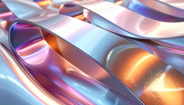 Abstract Iridescent Metallic Ribbons with Holographic Reflective Surface Background