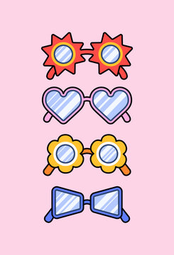 Cute collection of colorful novelty sunglasses with playful shapes including stars, hearts, flowers, and geometric frames. Perfect for summer, fashion, accessories, and party designs.