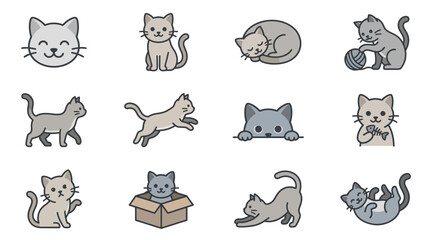Fototapeta premium Playful grey kitten illustrations in various poses.