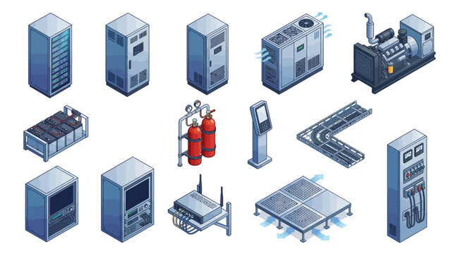 Isometric Data Center and Server Room Equipment Icon Set, Vector Illustration of Network Hardware, Power Generator, Cooling System, and Electrical Panel for Tech Infrastructure Design