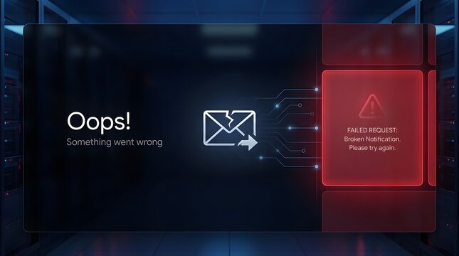 Server network error and failed request concept with broken message notification and red warning alert on digital screen