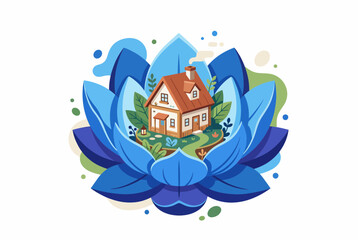 Naklejka premium Home Insurance Protection Symbol with House Inside Blue Lotus