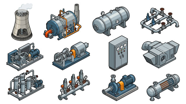 Isometric Industrial Machinery Vector Icon Set Featuring Factory Equipment Power Plant Turbine Boiler Storage Tank Pump and Control Panel for Engineering Infographics