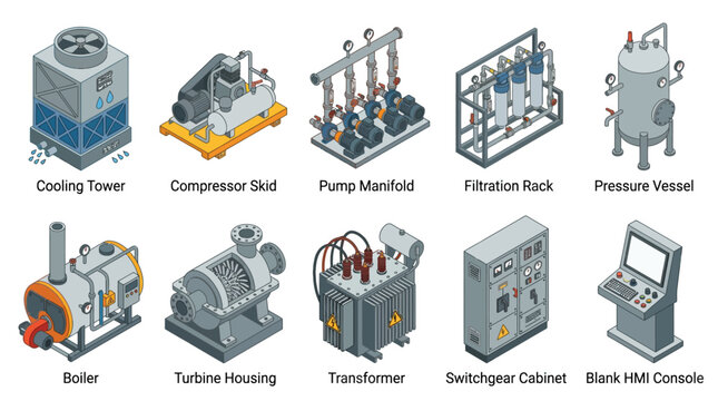 Isometric Industrial Equipment and Machinery Vector Icon Set with Boiler Transformer Pump and Control Panel for Engineering Diagrams and Manufacturing Presentations