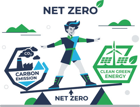 A conceptual illustration of net zero balance between carbon emissions and clean green energy for sustainability and esg corporate reporting clipart with sustainability