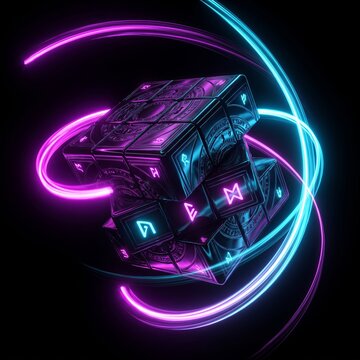 Dark obsidian puzzle cube solving itself while leaving glowing neon magenta and cyan light trails, representing AI automation and efficiency.