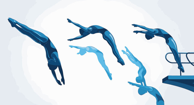 Vector illustration of multiple male divers jumping from a springboard, showing mid-air acrobatic sequences and silhouettes in various shades of blue against a white background.