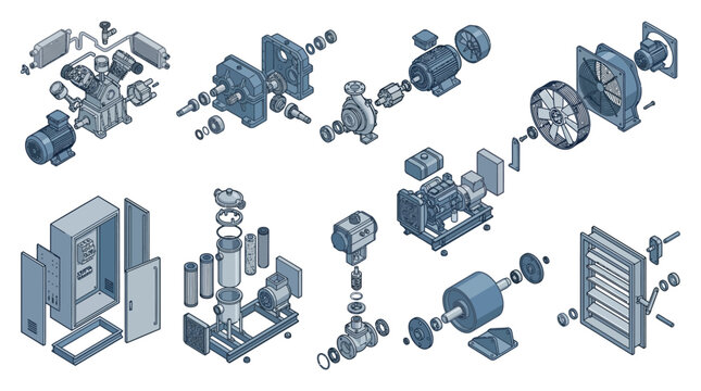 Isometric Industrial Machinery Exploded View Icon Set with Mechanical Components, Electric Motor, Pump, Generator, Compressor and Electrical Panel for Technical Engineering Design