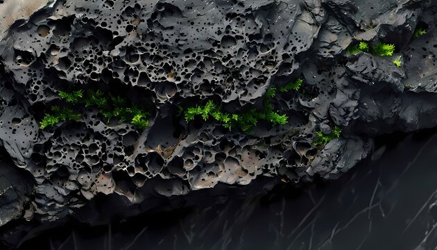 Organic raw volcanic basalt stone backdrop with green botanical moss texture