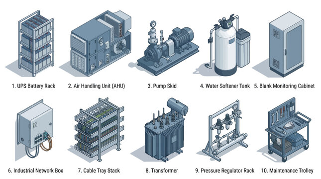 Isometric Industrial Equipment and Utility Icons Set featuring UPS Battery Rack, Air Handling Unit, Pump, Transformer, and Network Box for Engineering and Facility Planning
