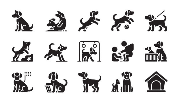 Dog vector illustrations pet care and training icon set animal shelter concepts.