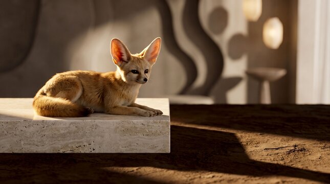 A small fennec fox with large ears rests calmly on a stone block in a warm desert setting 3d rendered.