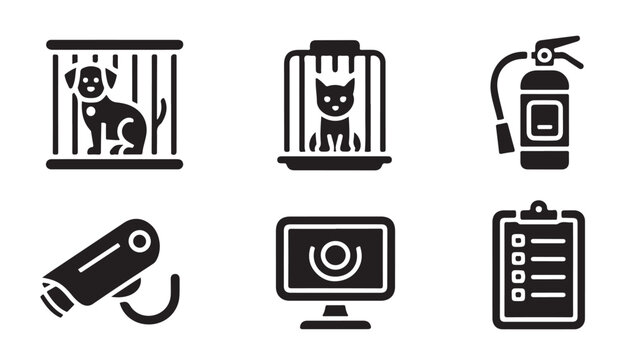 Pet care icons including kennels security camera fire extinguisher and checklist symbol.