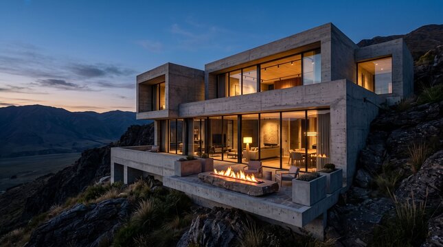 A luxurious modern concrete house with large windows and a fire pit sits on a rocky mountain at dusk.