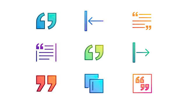 Graphic icons representing quotation marks and text alignment