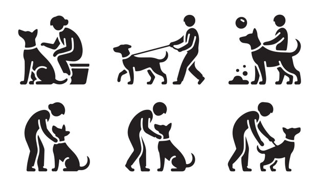 People interacting with dogs for obedience training and leisure activities icon vector set.