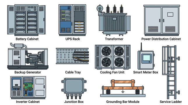 Industrial electrical power equipment vector icon set featuring UPS rack transformer backup generator inverter cabinets cable tray for technical engineering graphics and presentations