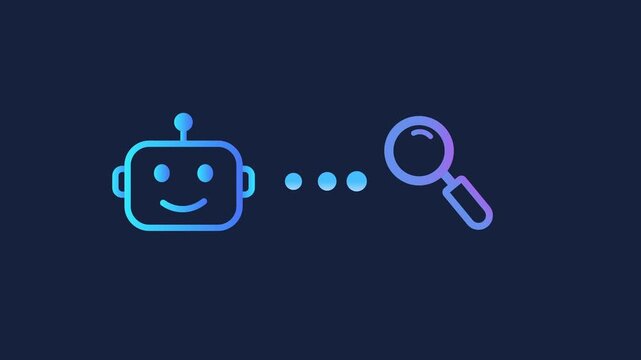 Animated motion graphics showing a smiling robot head icon connecting to a magnifying glass icon via three loading dots. Concept of AI search engine, automated optimization, and data discovery.