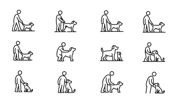 Set of outline icons showing human interaction and obedience training with dogs.