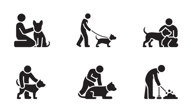 Black silhouette icons showing dog obedience training and daily care activities.