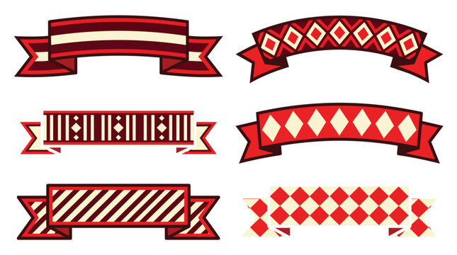 Decorative ribbon banners with geometric patterns in minimalist flat vector design for graphic design branding