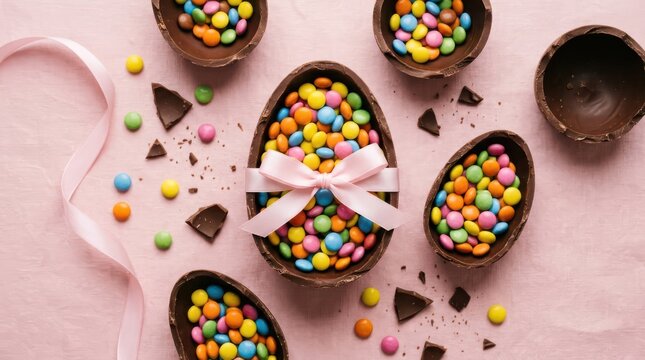 Chocolate easter eggs filled with colorful candy coated chocolate drops on a soft pink background