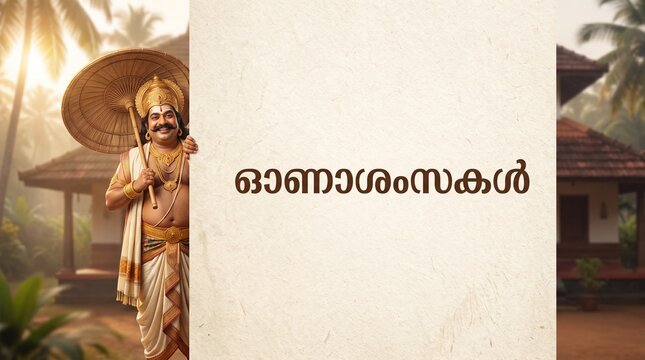 King Mahabali with palm leaf umbrella peeking behind a white wall with Malayalam typography for Onam festival greetings against traditional Kerala house and sunlit background