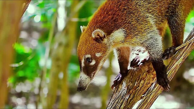 Cute Coati Sniffing Branch in Lush Green Forest Habitat