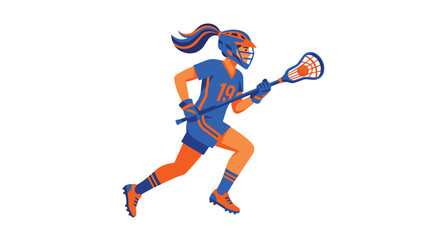 Obraz premium Lacrosse female athlete sprinting with stick in vibrant flat vector art for collegiate sports marketing