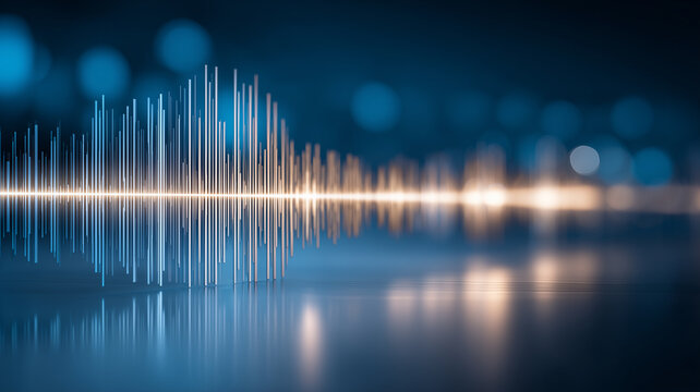Audio waveform rising from a reflective surface representing sound analysis, voice technology, and digital signal processing.
