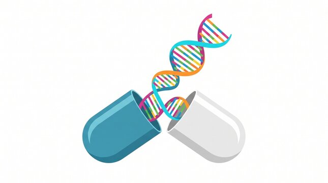 Colorful dna double helix emerging from open blue and white capsule on white