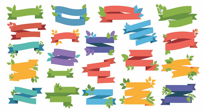 Collection of colorful vector ribbon banners featuring decorative leaves and foliage in various colors, isolated on white background for design layouts and graphic headers.