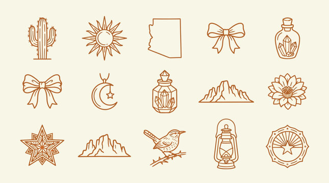 Collection of Southwestern desert icons and symbols in a minimalist line art style.