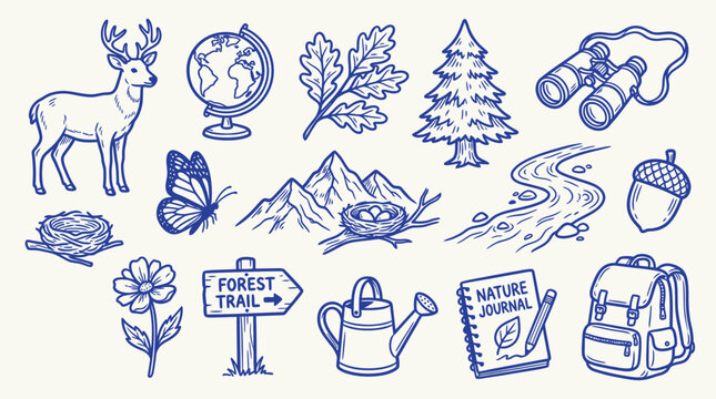 Collection of hand-drawn nature and outdoor adventure icons, including a deer, butterfly, mountains, and camping gear.
