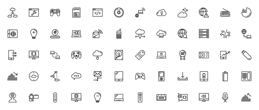Technology and devices icon set. Minimal vector icons pack. Includes symbols for cloud computing, browser, gamepad, laptop, smartphone, monitor, hard disk, networking, email and more. Editable stroke.