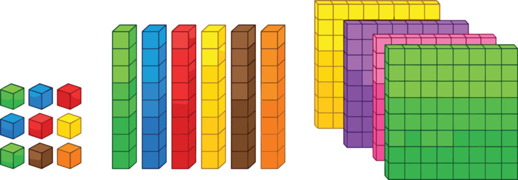 Base ten blocks manipulatives, mathematics place value learning cubes, educational counting teaching materials, editable vector illustration bundle design