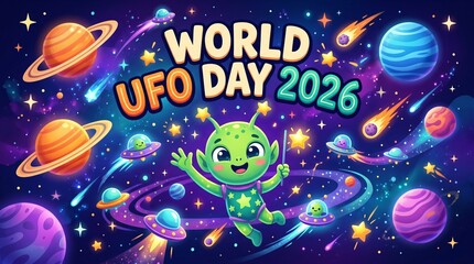 Naklejka premium Cute cartoon alien celebrating world ufo day 2026 with planets and stars