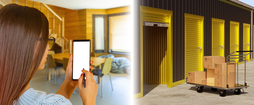 Self storage rental, woman uses smartphone to manage moving boxes and storage unit booking at secure facility,
