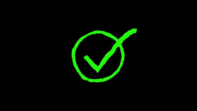 Green Checkmark Symbol on Black Background, Approval and Confirmation Concept, Hand Drawn Style check mark