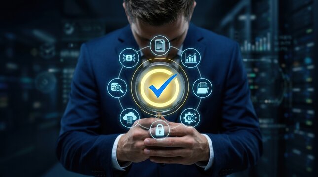 Cybersecurity professional examining data protection icons with a focus on network security and data integrity