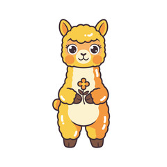 Obraz premium Cute cartoon alpaca holding a flower