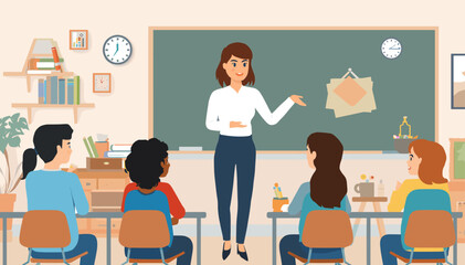 A female teacher stands in front of a blackboard, instructing a diverse group of young students seated at desks in a bright classroom setting. © evans